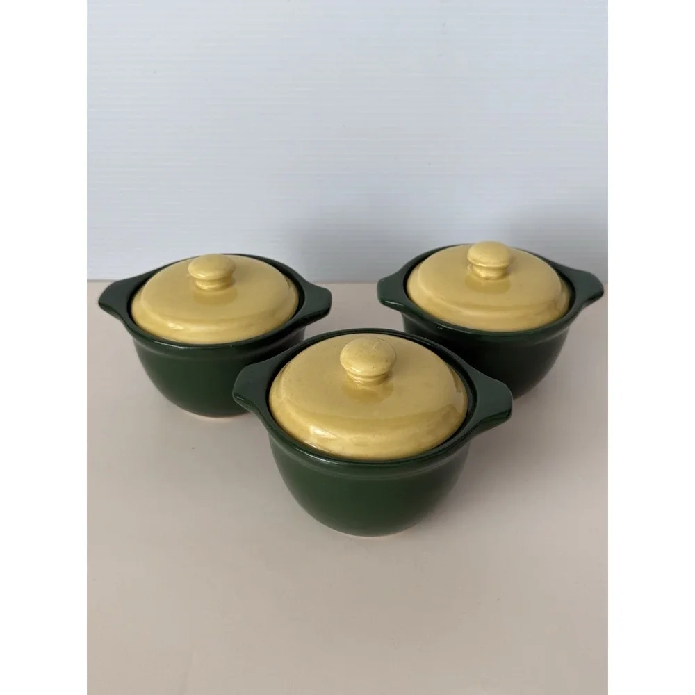 Cameron Clay Bake Oven USA Stoneware Crock/Bowl Green & Yellow Lid 2 Sets Of 3